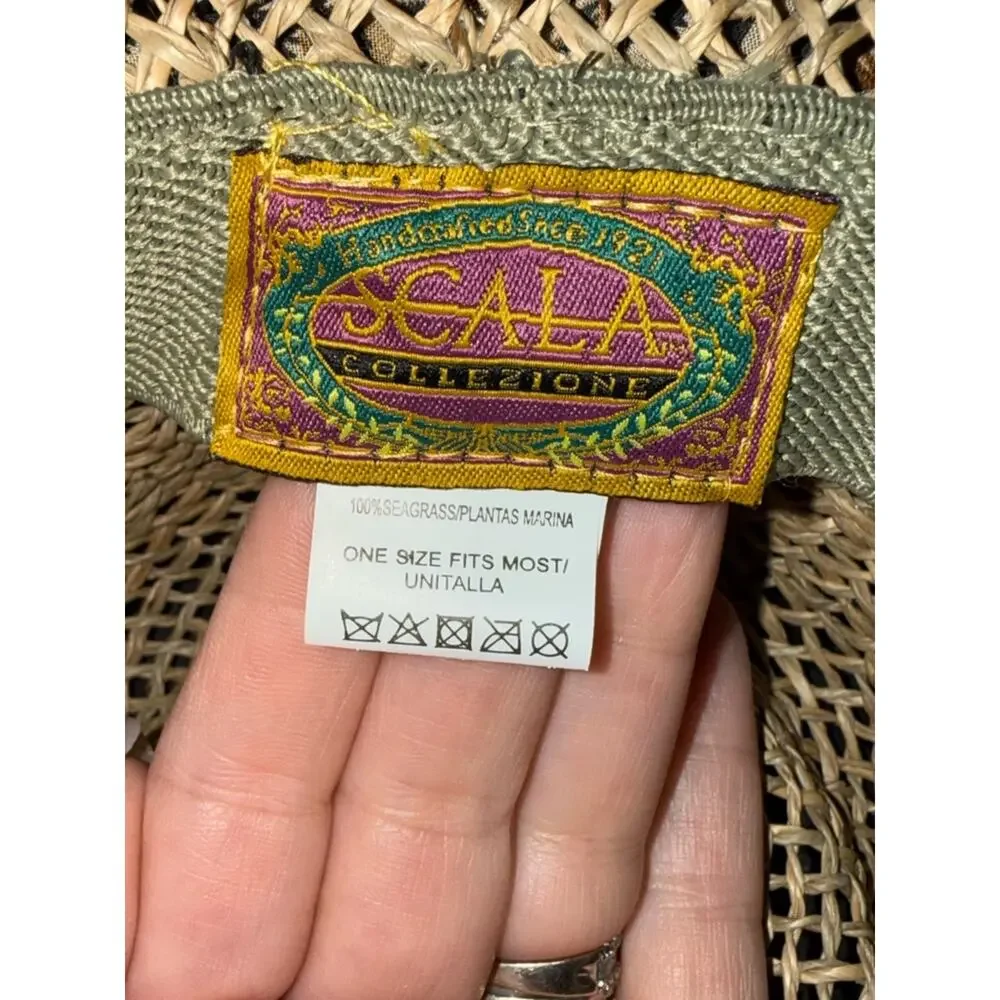 VINTAGE SCALA Natural seagrass straw gambler hat leopard print sash bow
